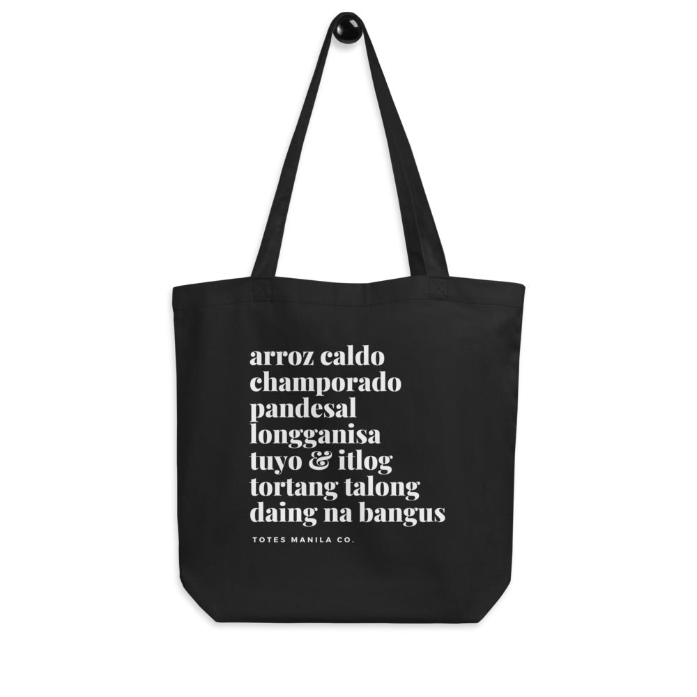 Filipino Food Arroz Caldo, Champorado, Pandesal Agahan Tote Bag in color variant Black