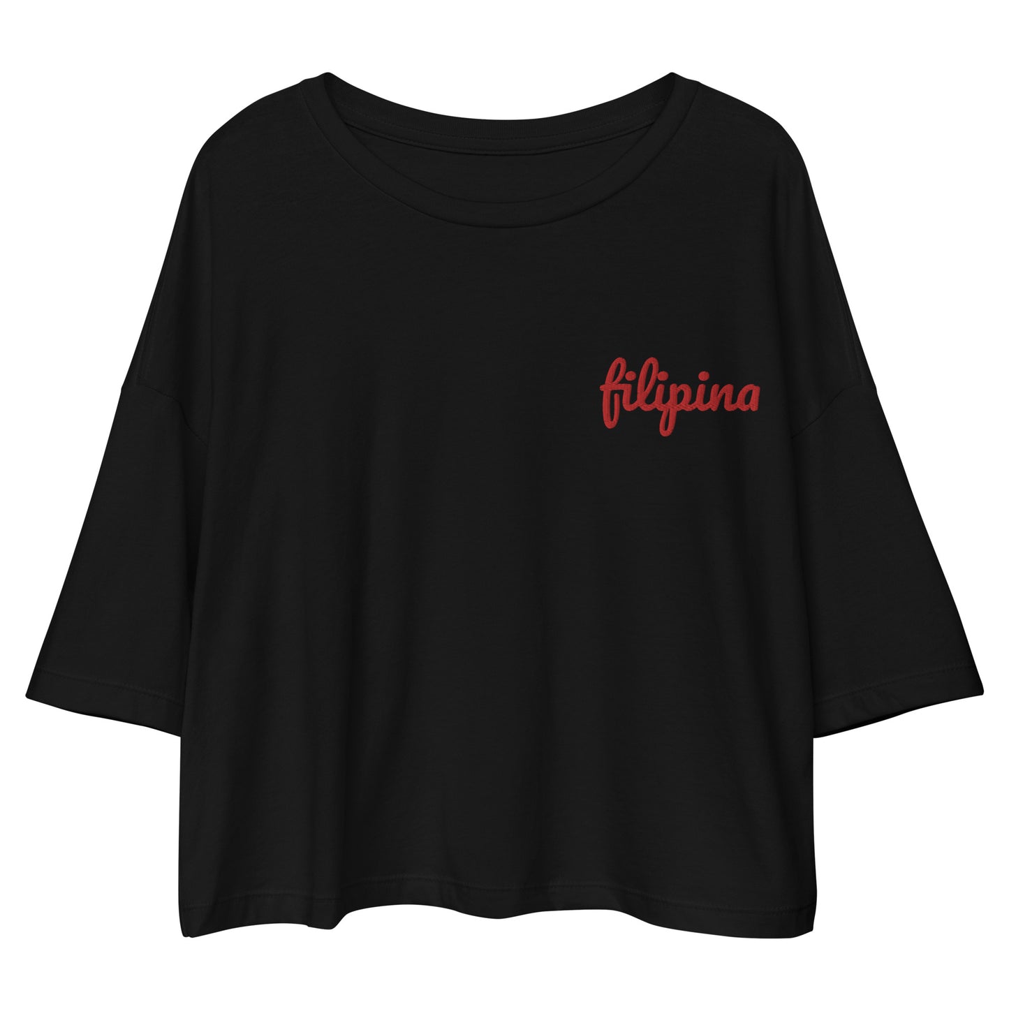Filipina Embroidered Statement Loose Drop Crop Top in color Black.