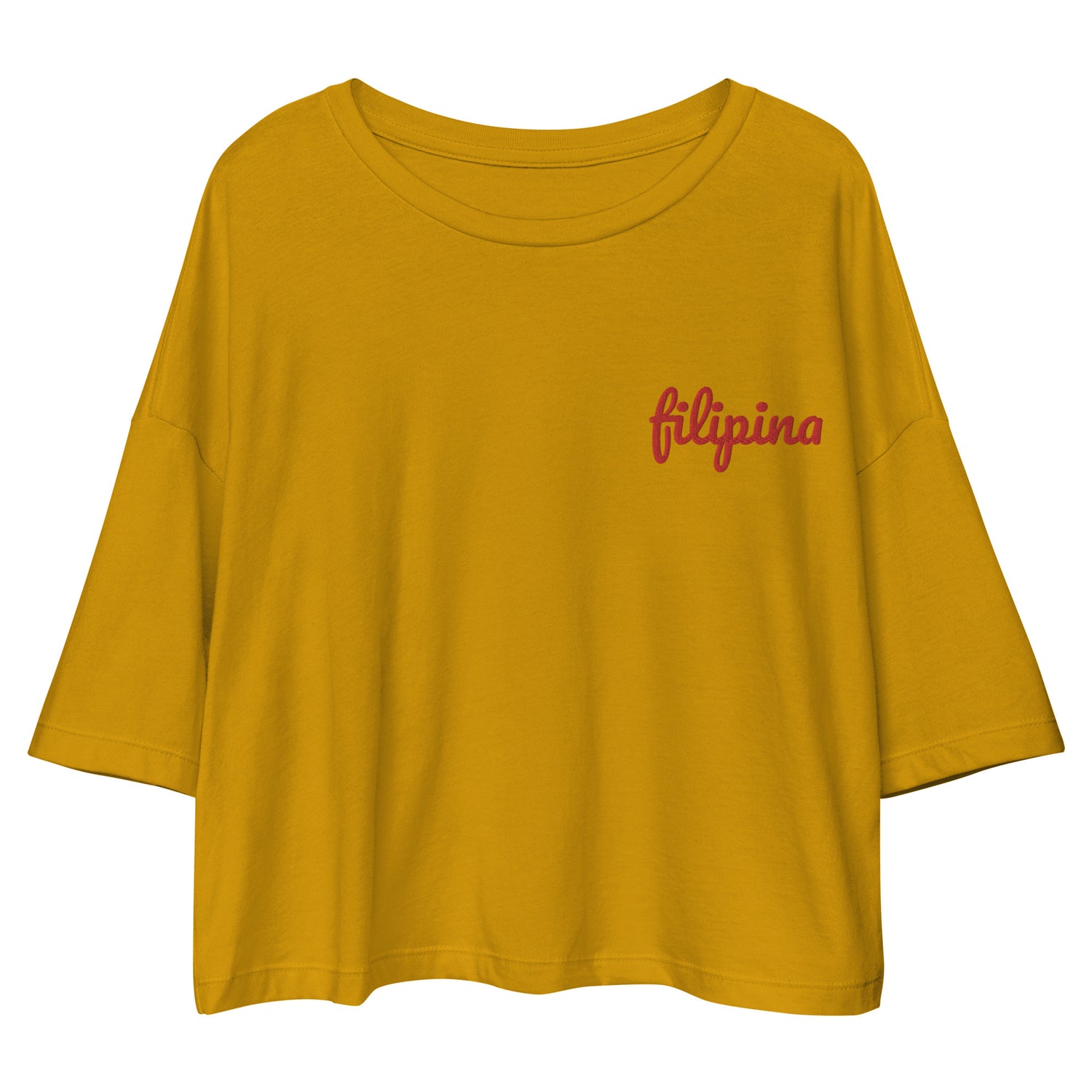 Filipina Embroidered Statement Loose Drop Crop Top in color Mustard.