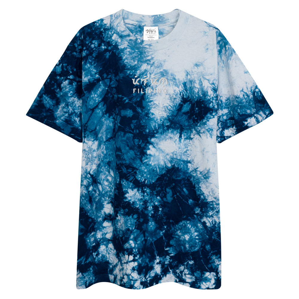 Filipino Baybayin Embroidered Statement Tie-Dye -Shirt in color Navy-White.