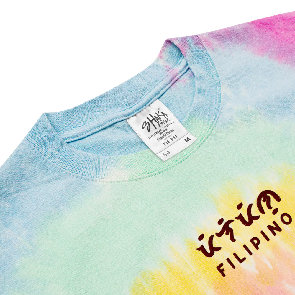 Inside label and tag of a Filipino Baybayin Embroidered Statement Tie-Dye -Shirt in color Sherbet.