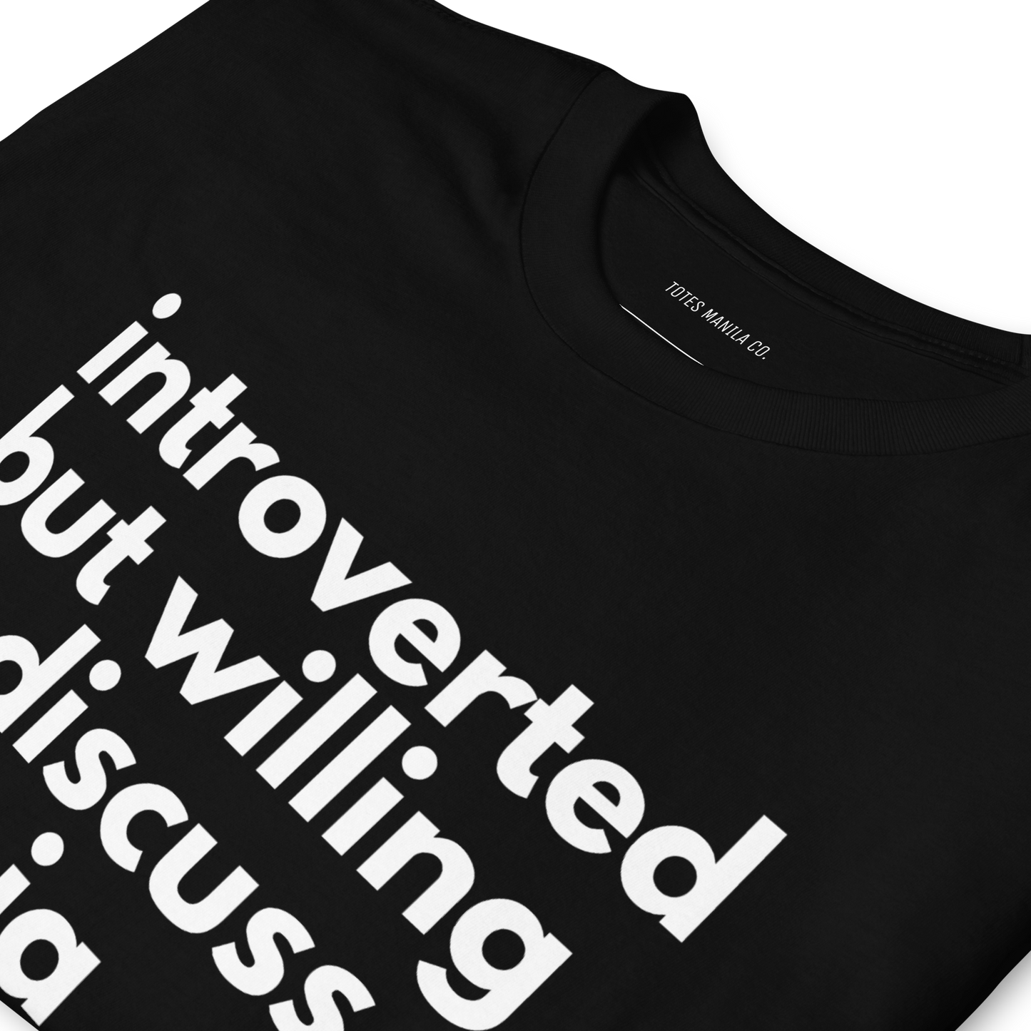 Close up of the Introverted But Willing To Discuss Lumpia Recipes design printed on the center chest of a black unisex shirt.