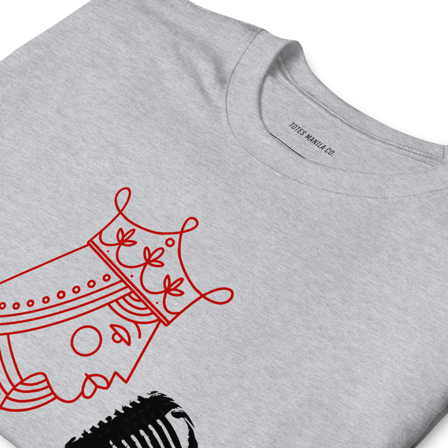 Close up of the Karaoke Queen design printed on the center chest of a gray unisex shirt.