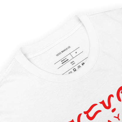 Totes Manila Co. label and shirt tag printed on the inside of a white unisex cotton shirt.