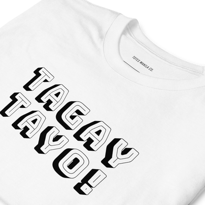 Close up of the Tagay Tayo! design printed on the center chest of a white cotton shirt.