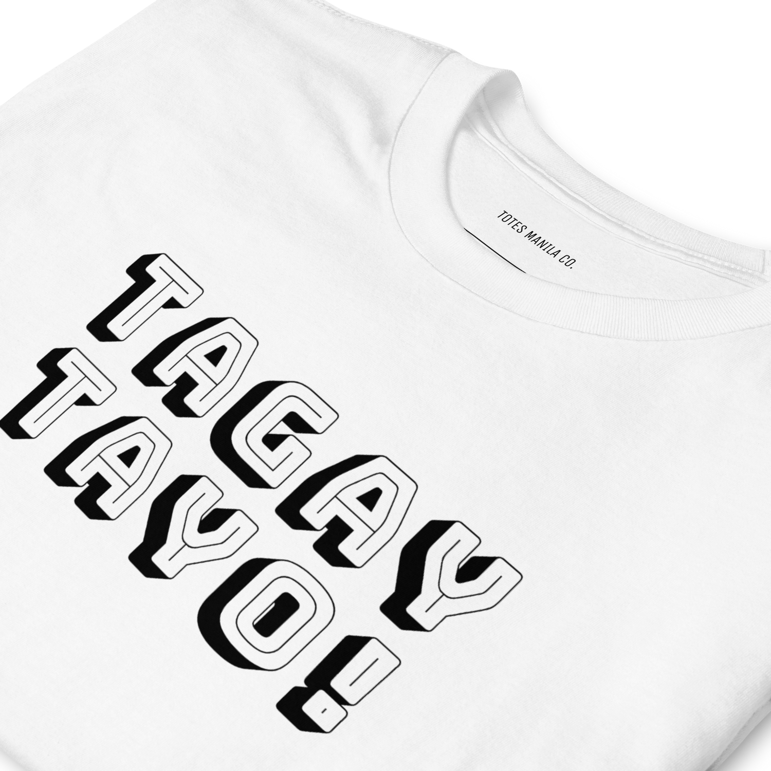 Close up of the Tagay Tayo! design printed on the center chest of a white cotton shirt.