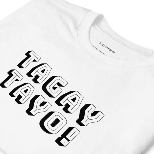Close up of the Tagay Tayo! design printed on the center chest of a white cotton shirt.