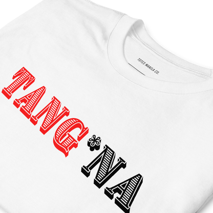 Close up of the Tang*Na design printed on the center chest of a white unisex cotton shirt.