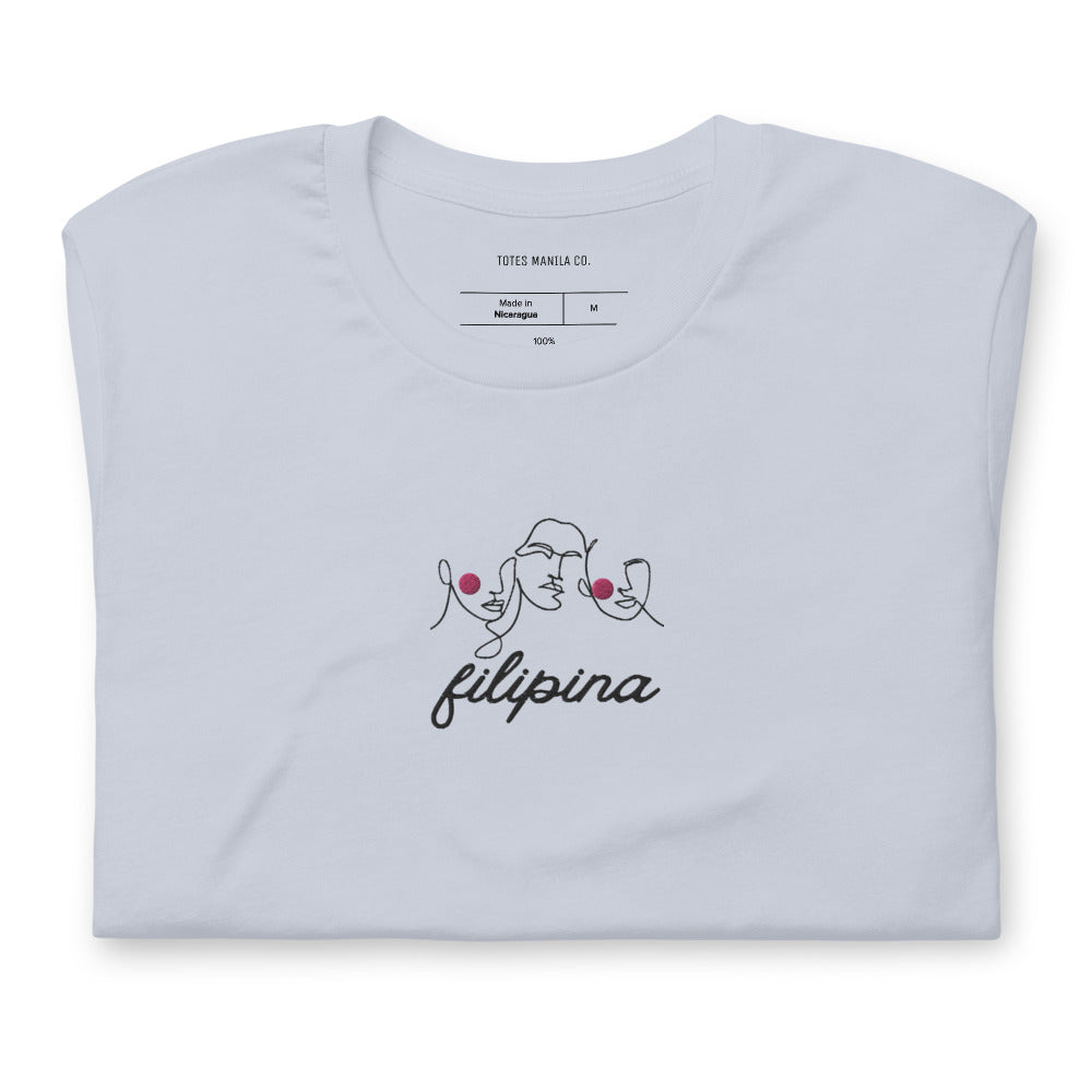 Filipina Line Art Embroidered T-Shirt in Light Blue, folded.