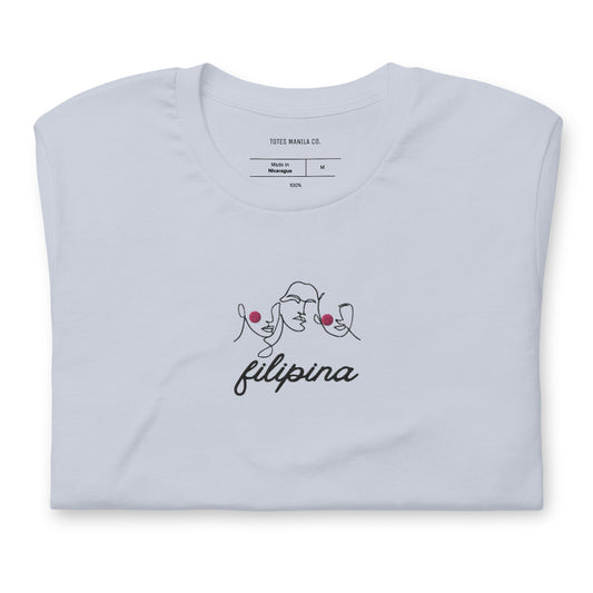 Filipina Line Art Embroidered T-Shirt in Light Blue, folded.