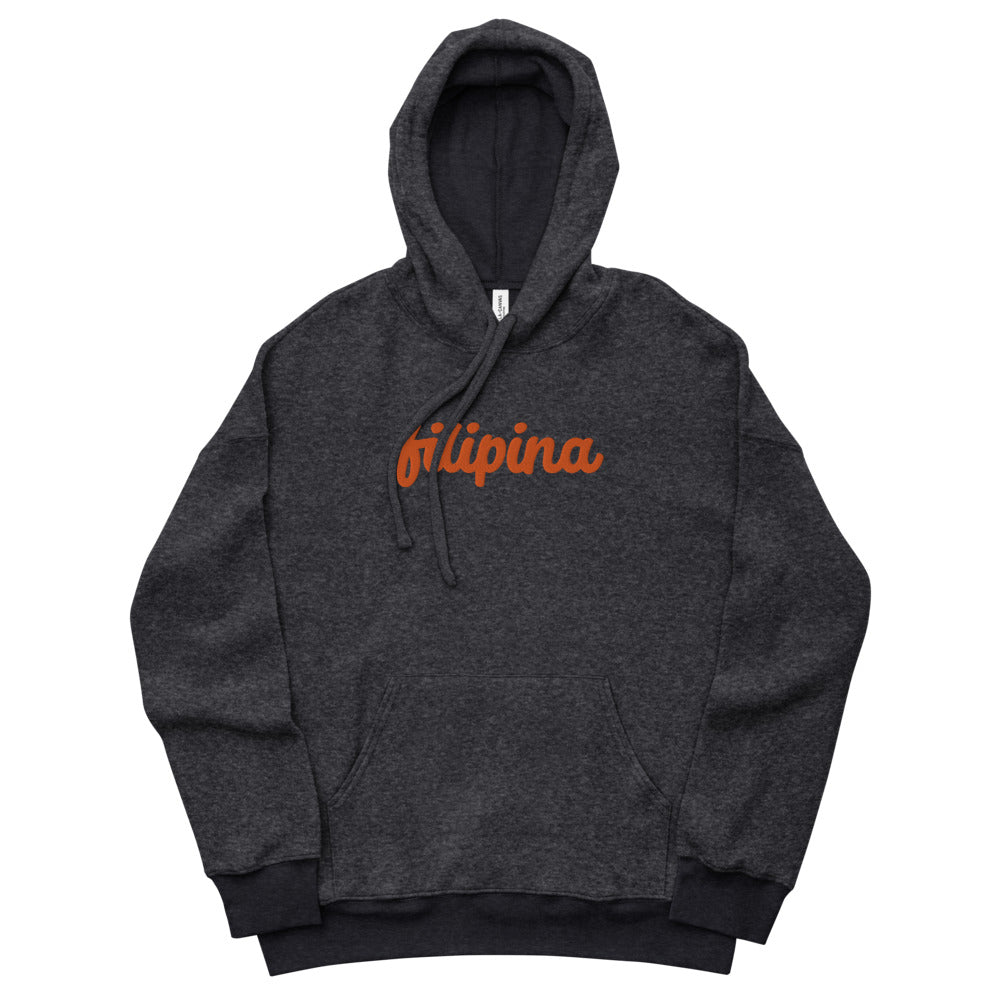 Filipina Statement Fleece Hoodie With Center Embroidery in color Black.