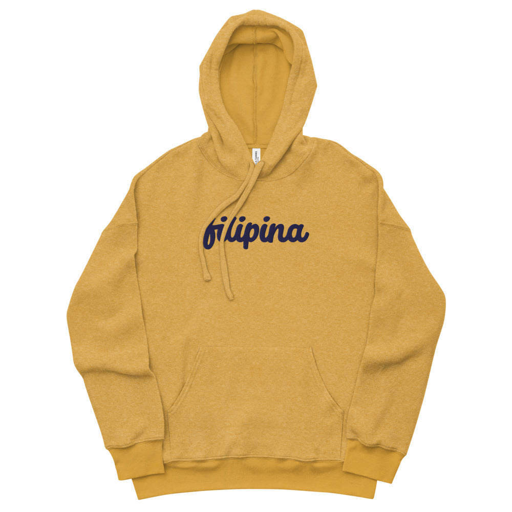 Filipina Statement Fleece Hoodie With Center Embroidery in color Mustard.