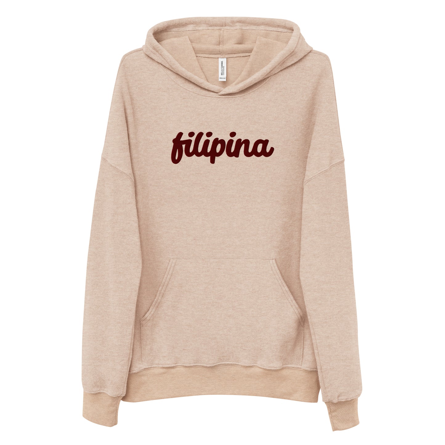 Front view of the Filipina Embroidered Suede Fleece Hoodie in color Heather Oat.