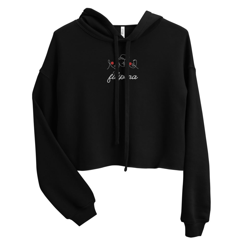 Filipina Line Art Embroidered Crop Hoodie Black