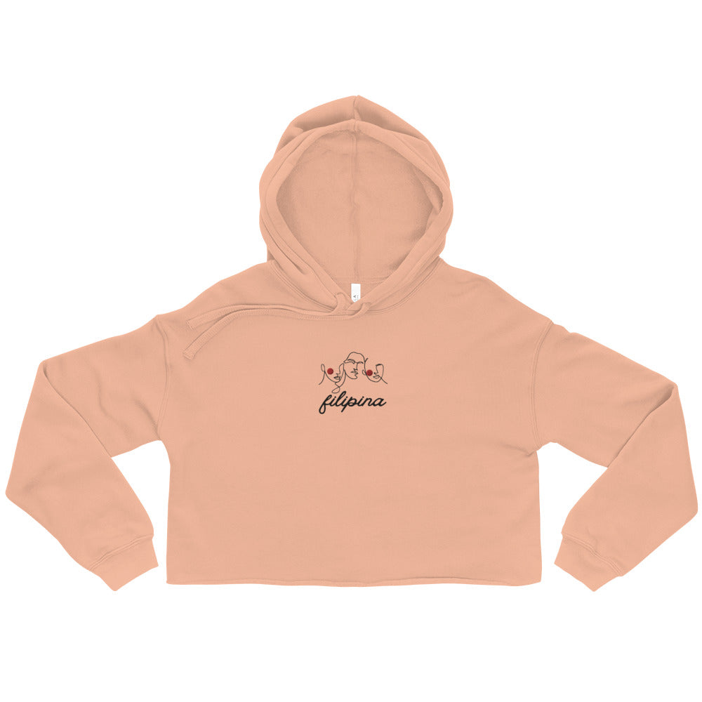 Filipina Line Art Embroidered Crop Hoodie Peach