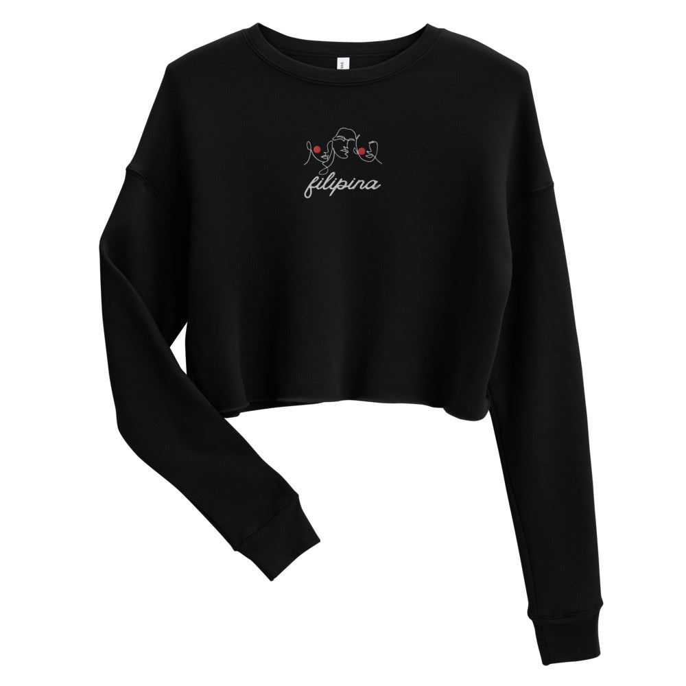 Filipina Line Art Embroidered Crop Sweatshirt in color Black.
