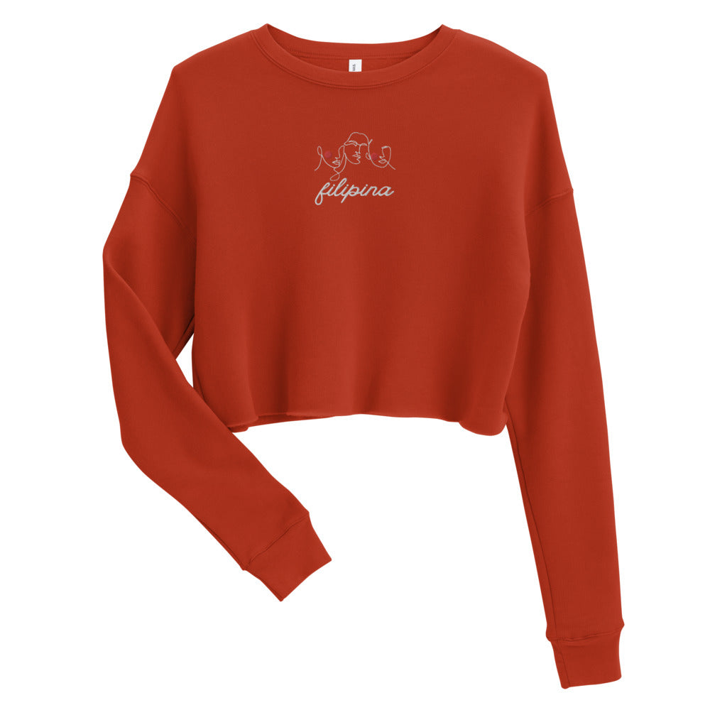 Filipina Line Art Embroidered Crop Sweatshirt in color Brick.