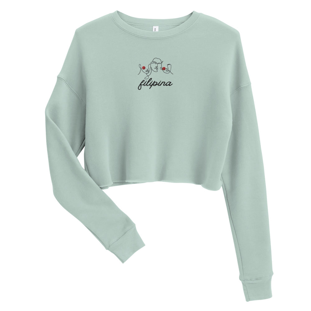 Filipina Line Art Embroidered Crop Sweatshirt in color Dusty Blue.