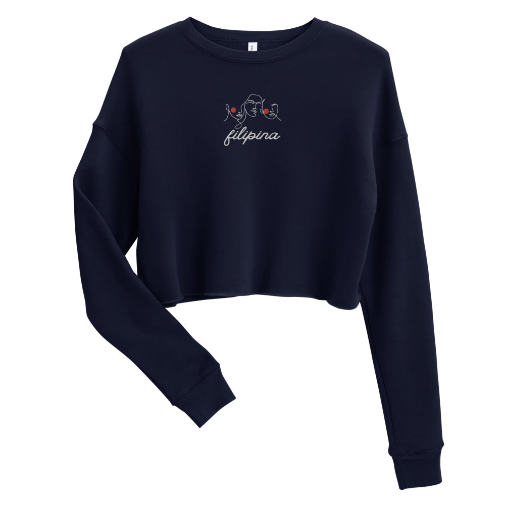 Filipina Line Art Embroidered Crop Sweatshirt in color Navy.