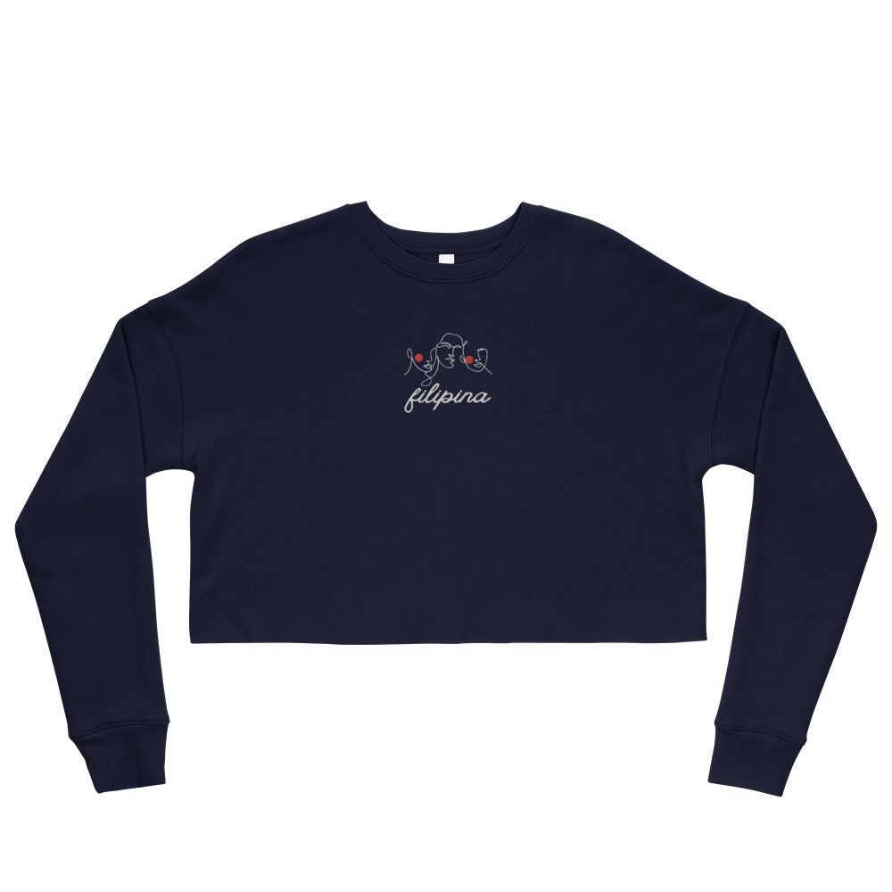 Flat lay view of Filipina Line Art Embroidered Crop Sweatshirt in color Navy.