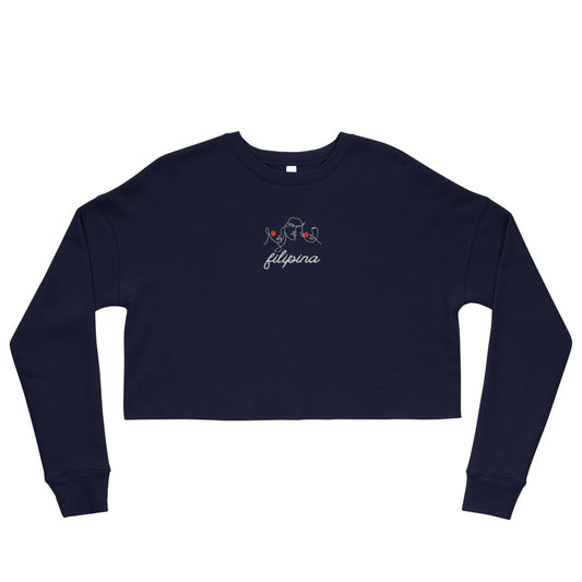 Flat lay view of Filipina Line Art Embroidered Crop Sweatshirt in color Navy.